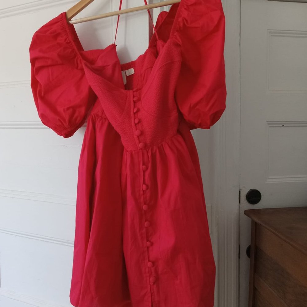 Anthropologie Red Puff-Sleeve Button Front Mini Dress - Picture 4 of 6